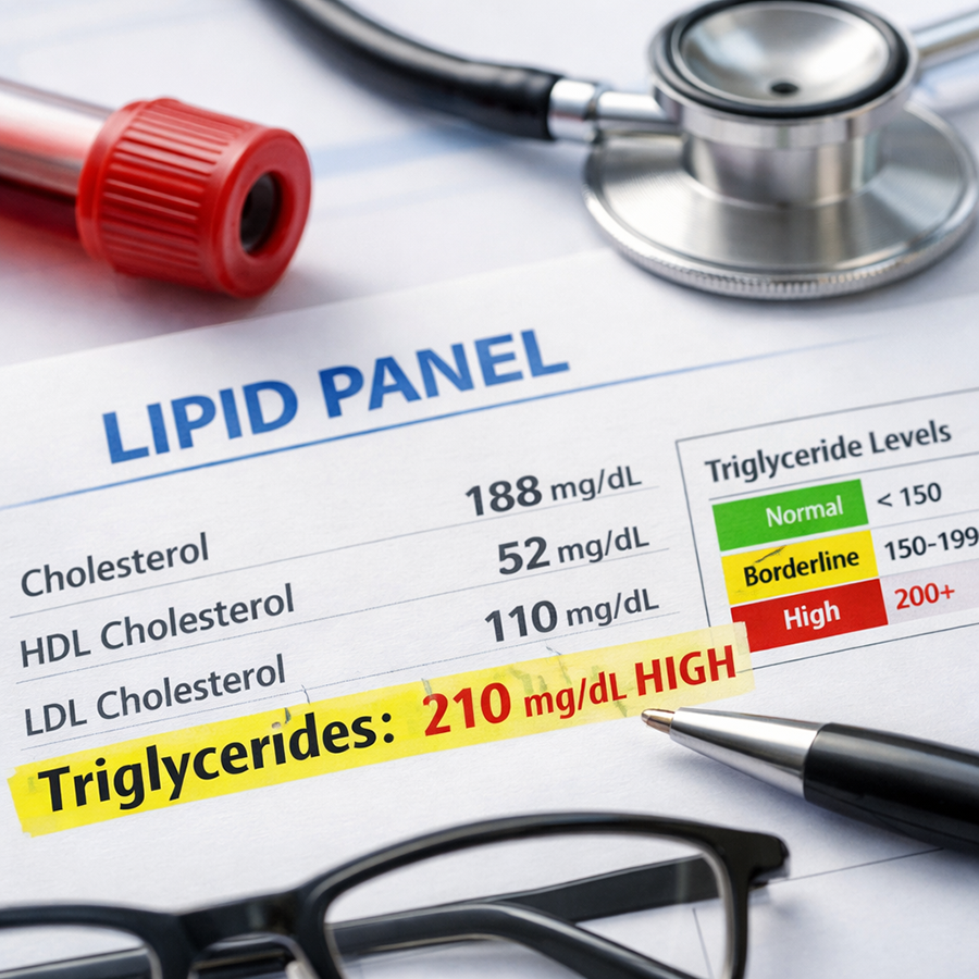Lipid panel lab report showing elevated triglycerides level (210 mg/dL) highlighted, with medical tools including a stethoscope and blood vial in the background